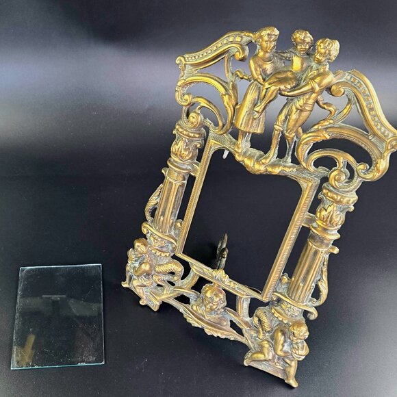 Antique Art Nouveau Brass Picture Frame – 14" Tall - Picture 4 of 9